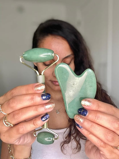 ROSELYNBOUTIQUE Gua Sha Facial Tools & Face Roller for Wrinkless Natural Skincare Tool Jade Roller Guasha Tool for Face Facial Massager (Aventurine)
