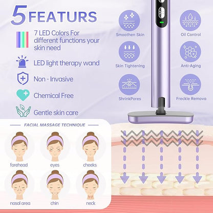 Light-Therapy-Wand, Red Light Therapy for Face and Neck Facial Wand 7 in 1 Led Beauty Wand Red & Blue Rejuvenation Face & Eye Massager Skincare Tool