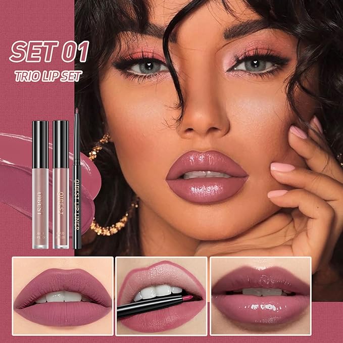 3 In 1 Liquid Lipstick Makeup Set, Non-stick Cup Matte Liquid Lipstick For Woman, Moisturizing Lip Gloss And Lip Liner, Long Lasting Lipstick 24H,Waterproof Velvet Liquid Lipstick Kit (01# Romantic Purple)