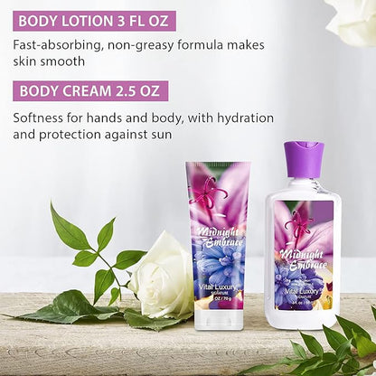 Midnight Embrace Bath & Body Kit, 3 Fl Oz, Ideal Skincare Gift Home Spa Set, Includes Body Lotion, Shower Gel, Body Cream, and Fragrance Mist, Birthday Mother's Day Gifts