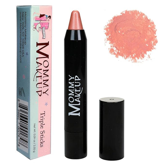 Mommy Makeup Triple Sticks Lipstick & Cream Blush in Riley Love (A Pinky Peach with Shimmer) - Soft & Creamy, Moisturizing Multistick For Lips & Cheeks with Medium Coverage