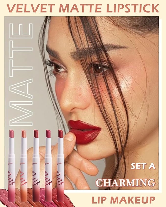 Matte Lipstick Kit-5 Colors Lip Tint Stain,Tube Crayon Lipstick Pen,Tinted Lip Gloss,Ruby Red Nude Dark Brown Plum Lipcolor Longlasting 24 hours Waterproof Labiales Mate,Makeup Gift for Women-Set A