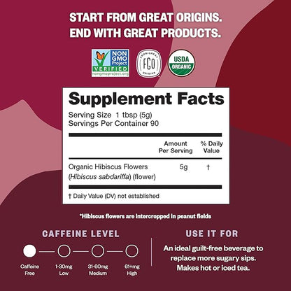 FGO Organic Hibiscus Flowers, Cut and Sifted, 16oz Bulk Resealable Bag, Packaging May Vary (Pack of 1)