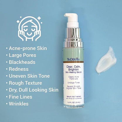 TriDerma Clear, Calm, Brighten Skin Serum with 2% Salicylic Acid and Niacinamide Reveals Smoother, Brighter, More Even Skin, Clears Acne Blemishes, Blackheads and Unclogs Pores, 1 oz