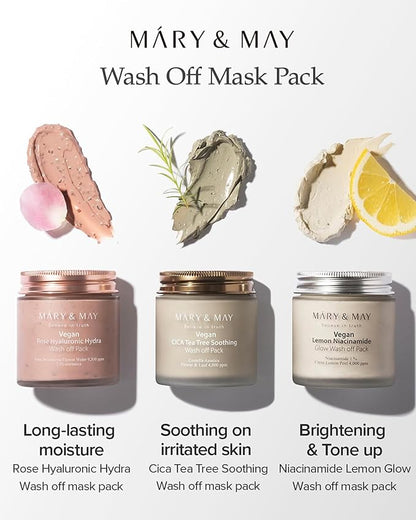 Mary&May Vegan Rose Hyaluronic Hydra Wash Off Mask - Cream Caly Mask for Moisturizing, Pore Purifying, Skin Softening - Korean Skincare, 4.23oz.