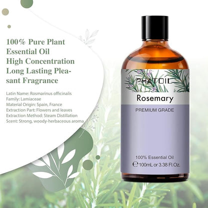 Rosemary 3.38fl.oz Essential Oil, PHATOIL Aromatherapy Essential Oils for Diffuser, Humidifier, Perfect for DIY Soap, Candle, Bath Bombs Making(100ml)