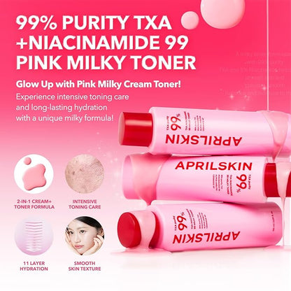 APRILSKIN TXA Overnight Glow Booster Trio: TXA Niacinamide Toning Shot 99 Spicule Facial Serum, TXA Niacinamide 99 Pink Milky Toner and TXA Niacinamide 99 Overnight Wrapping Mask