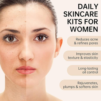 Collagen Skin Care Set, Anti Aging Skincare Set for Reduce Wrinkles, Shrink Pores, Smooth Fine Lines, Hydrating, 4 Pcs Travel Skincare Kits for Women with Cleanser, Serum, Cream, Eye Cream.