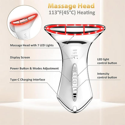 Neck and Face Sculptor with 7-in-1 Led for Skin Care,Water Resistant True Beauty Glow Facial Massager (White)