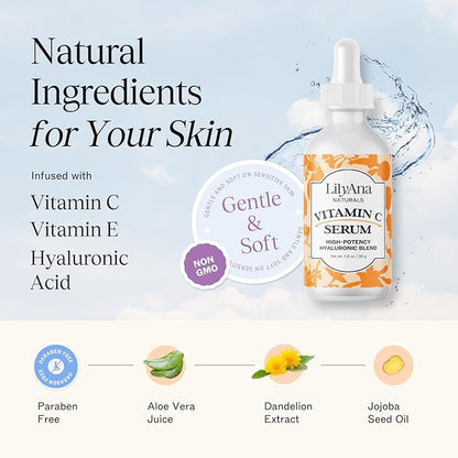 LilyAna Naturals Vitamin C Serum for Face - Face Serum with Hyaluronic Acid and Vitamin E, Anti Aging Serum, Reduces Age Spots and Sun Damage, Promotes Collagen and Elastin (Double Pack)