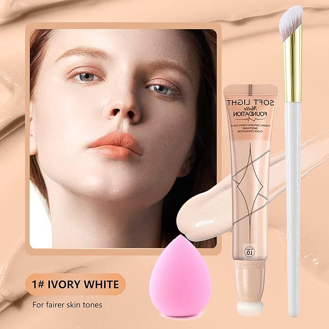 Air Cushion Foundation Beauty Kit,Matte Concealer Foundation Liquid -01 Ivory