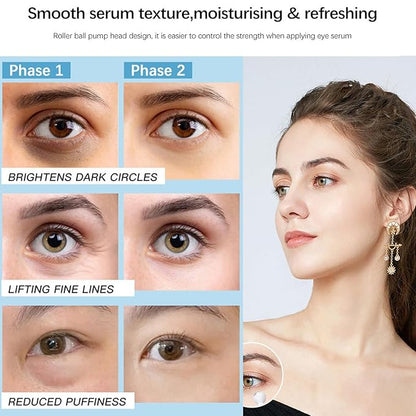 5% Caffeine Eye Serum, Anti-Aging Under Eye Roller Cream for Dark Circles Puffiness Wrinkles and Fine Lines, Korean Eye Care Cream with 360°Massage Ball, Eye Bags Treatment for Men and Women
