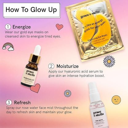 grace & stella Award-Winning Mothers Day Gifts for Mom, Birthday Gifts for Women - Travel Essentials with Gold Eye Masks, Hyaluronic Acid Serum & Rose Spray - Vegan Skin Care Set - Bachelorette Party