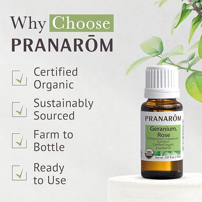 Pranarom USDA Certified Organic Rose Geranium Essential Oil (5ml), 100% Pure Undiluted Therapeutic Grade from Madagascar for Aromatherapy, Diffuser, Skincare, Relaxation, Pure Rose Scent