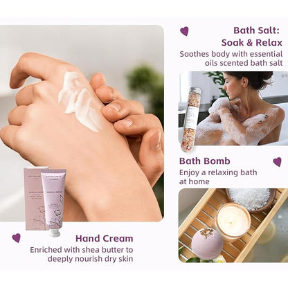 Rose Bath Spa Gift for Women,Handmade Spa gift for her, 5pc Bath & Body Gift Including Soap Bar, Hand Cream, Bath Salt, Soap Saver, Bath Bomb,Self Care Package by Natural Amor