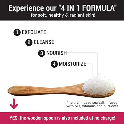 pureSCRUBS Premium Unscented Body Scrub Set - Large 16oz Dead Sea Salt Body Scrub With Infused Essential Oils & Nutrients, Includes Wooden Spoon, Loofah & Oatmeal Exfoliating Bar Soap