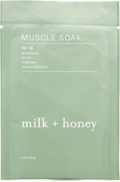 milk + honey Muscle and Bath Soak No. 18, with Eucalyptus, Arnica, Rosemary and Sweet Marjoram Moisturizing Soak, Sea Salt and Epsom Salt Bath, 6 Packets