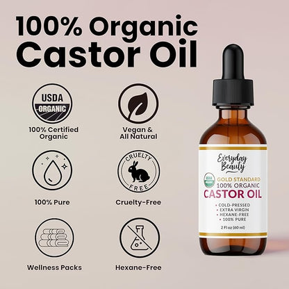 100% Organic Castor Oil - Gold Standard 100% Pure Certified USDA Organic in Glass Bottle & Glass Dropper, Cold Pressed & Hexane-Free, For Lashes, Brows, Hair, Skin & Wellness Packs -2oz
