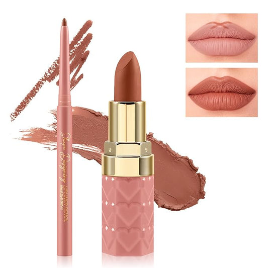Boobeen 2Pcs Lip Liner and Lipstick Makeup Set, Lip Crayon Pencil Velvety Nude Lipliner Lip Gloss Make Up Gift Sets for Women, Ultra-Long-Lasting Matte but Not Dry