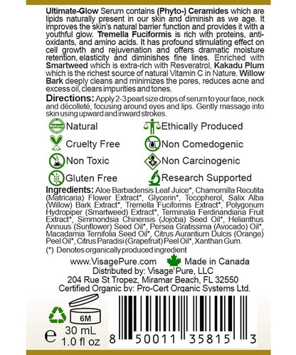 Ultimate Glow - Brightening, Clarifying, Hydrating and Pores Minimizing Face Serum - High Concentration Organic Vitamin C, Phyto-Ceramides, Tremella, and The Pores Cleaning Willow Bark - USDA Organic - Physician Formulated - Research Supported