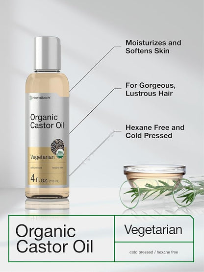 Horbäach Castor Oil Organic | 4 fl oz | Cold Pressed and Hexane Free | For Face, Hair, Eyelashes and Eyebrows | Vegetarian, Non-GMO Formula