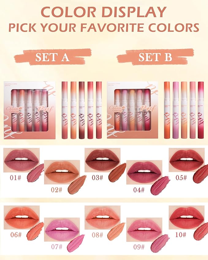 Matte Lipstick Kit-5 Colors Lip Tint Stain,Tube Crayon Lipstick Pen,Tinted Lip Gloss,Ruby Red Nude Dark Brown Plum Lipcolor Longlasting 24 hours Waterproof Labiales Mate,Makeup Gift for Women-Set A