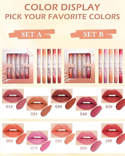 Matte Lipstick Kit-5 Colors Lip Tint Stain,Tube Crayon Lipstick Pen,Tinted Lip Gloss,Ruby Red Nude Dark Brown Plum Lipcolor Longlasting 24 hours Waterproof Labiales Mate,Makeup Gift for Women-Set A