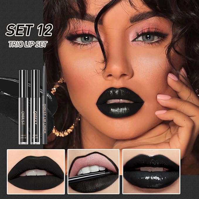 3 In 1 Liquid Lipstick Makeup Set, 3pcs Moisturizing Lip Gloss, Matte Lipstick and Lip Liner, Long Lasting 24H and Waterproof Velvet Liquid Lipstick Kit (12# Black Magic)