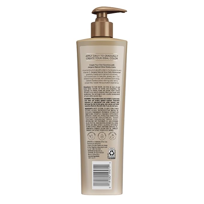 Jergens Natural Glow 3-Day Self Tanner for Medium to Deep Skin Tone, Sunless Tanning Daily Moisturizer, for Streak-free and Natural-Looking Color, 10 oz