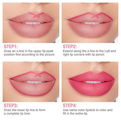 Boobeen 2Pcs Lip Liner and Lipstick Makeup Set, Lip Crayon Pencil Velvety Nude Lipliner Lip Gloss Make Up Gift Sets for Women, Ultra-Long-Lasting Matte but Not Dry