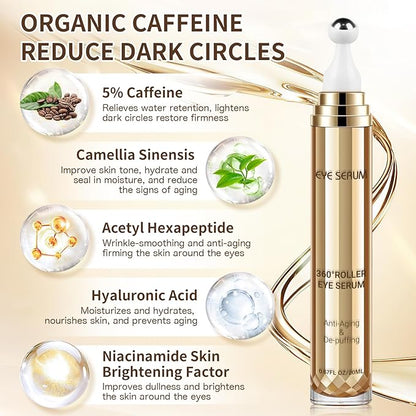 Caffeine Eye Serum, Hyaluronic Acid Under Eye Cream for Dark Circles and Puffiness, Anti Aging with 360° Massage Ball Reduce Bags, Wrinkles and Fine Lines