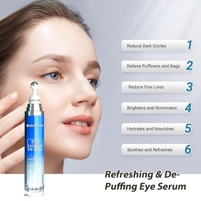 Eye Cream with 5% Caffeine Hyaluronic Acid for Puffy, Fine Lines, Dark Circles and Wrinkles, Under Eye Serum with 360° Roller Massage Ball, Eyelids Skin Care for Women & Men, 0.5 fl. oz