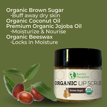 Earth's Daughter Organic Brown Sugar Lip Scrub 0.7 oz - USDA Organic Lip Exfoliator Scrub for Dry Lips - Fair Trade, Brown Sugar, Jojoba Oil, Beeswax, Coconut Oil - Scrubber Exfoliator