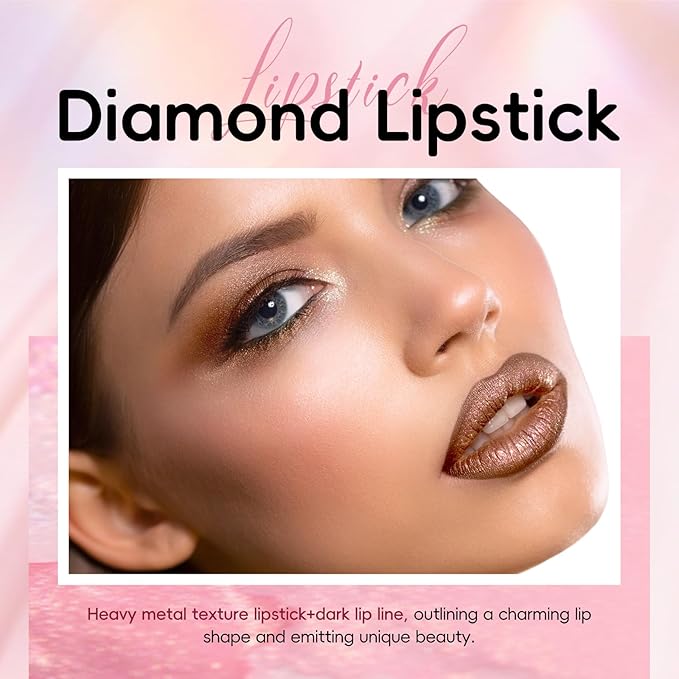 Metallic Dark Brown Lipstick Liner Set, Long Lasting Shiny Glitter Diamond Plump Lipstick Combos, Full Coverage High Impact Lip Color, Non Stick Cup Lightweight Lip Makeup for Women#8