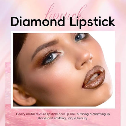 Metallic Dark Brown Lipstick Liner Set, Long Lasting Shiny Glitter Diamond Plump Lipstick Combos, Full Coverage High Impact Lip Color, Non Stick Cup Lightweight Lip Makeup for Women#8