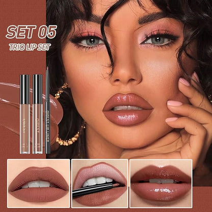 3 In 1 Liquid Lipstick Makeup Set, Non-stick Cup Matte Liquid Lipstick For Woman, Moisturizing Lip Gloss And Lip Liner, Long Lasting Lipstick 24H,Waterproof Velvet Liquid Lipstick Kit (05# Lazy Orange)