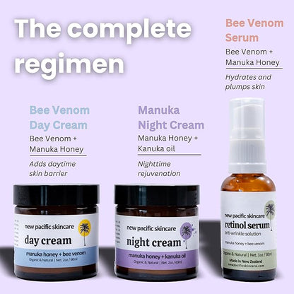 Save 5%: Organic Manuka Honey + Bee Venom Day and Night Cream Duo | Bee Venom Skin Treatment | Manuka Honey Skincare | 2oz/60ml