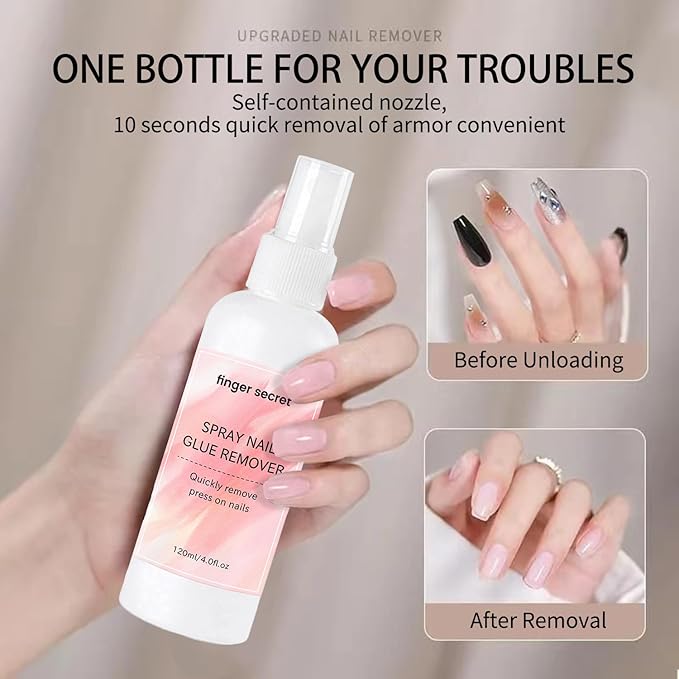 Nail Glue Remover 4oz for Press On Nails,Easily Remove Fake Nail Tips Gel x Nails Spray Remover Solid Nail Glue Remover Kit with Cuticle Pusher,10 PCS Orange Wood Sticks for Nails Nail Salon