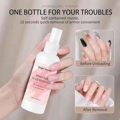 Nail Glue Remover 4oz for Press On Nails,Easily Remove Fake Nail Tips Gel x Nails Spray Remover Solid Nail Glue Remover Kit with Cuticle Pusher,10 PCS Orange Wood Sticks for Nails Nail Salon