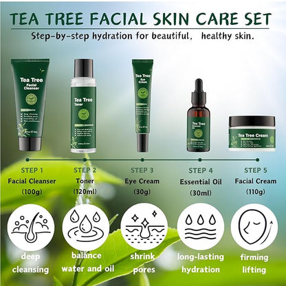 Tea Tree Skincare Set Mother's Day Gifts - 5 Pcs Skin Care Set - Skincare for Girls 10-12 - Skin Care for Teens 10-12 - Gift Set for Women with Cleanser,Toner,Face Cream,Eye Cream,Essential Oil
