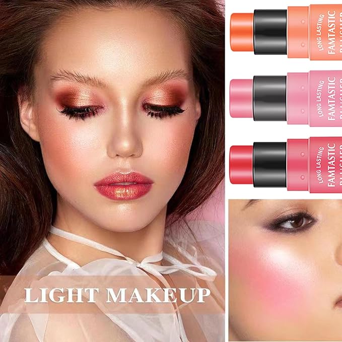 3 Pcs Cream Blush Stick with Brush,Waterproof Multi All Skin