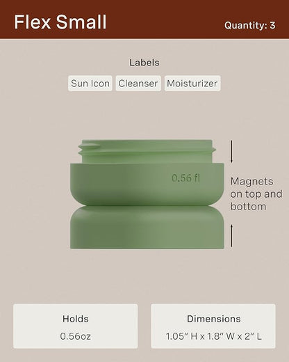 Cadence Travel Containers - Basic Skincare Set - Magnetic Travel Capsules - Facial Cleanser, Moisturizer, Sunscreen - 3 Small Capsules (0.56oz) with Cleanser, Moisturizer & Sun-Icon Label - Eucalyptus