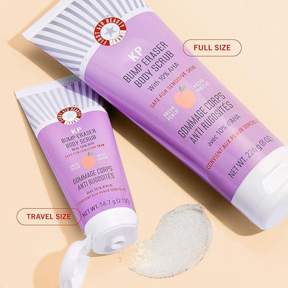 First Aid Beauty - KP Bump Eraser Body Scrub with 10% AHA, Keratosis Pilaris Exfoliator with Glycolic and Lactic acids, Helps Reduce Chicken Skin Bumps, Safe for Sensitive Skin, NEW Peach Scent (8 oz)
