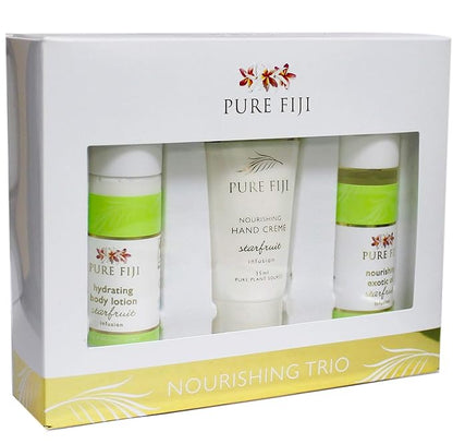 Pure Fiji Nourishing Trio, Ideal Spa Bath Gift Set for Women - Travel Kit - Includes Exotic Body Oil , Hydrating Body Lotion For Women and Nourishing Hand Cream, Starfruit Scent