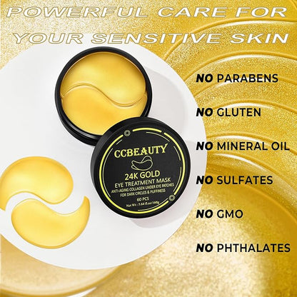 CCbeauty 24K Gold Under Eye Patches for Puffy Eyes, Dark Circles and Puffiness, Collagen Hydrating Mask Skincare, Gel Pads for Eye Bags and Wrinkles Under Eye Treatment,30pairs