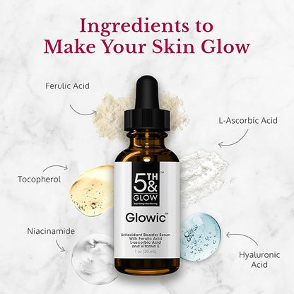 5th & Glow Glowic Anti-Aging Serum for Women – Antioxidant Serum for Face - Contains Hyaluronic Acid and Vitamin C – Reduces the Appearance of Dark Spots, Fine Lines, and Wrinkles, 1 oz