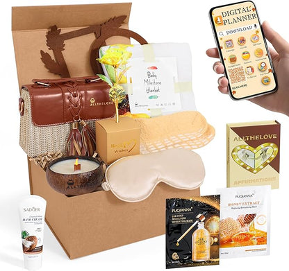 New Mom Care Package - Postpartum Gift Basket with Gold & Honey Masks, Affirmation Cards, Coco Butter Hand Cream & Digital Planner - Gifts for Pregnant Women, Baby Postpartum Kit