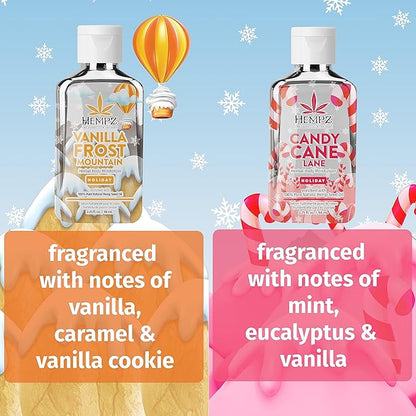 Hempz Sweet Duo Candy Cane Lane (2.25 Oz) & Vanilla Frost Mountain (2.25 Oz) Body Moisturizer Holiday Gift Set - Mini Holiday Scented Travel Cream Skin Care for Women & Men, Made with Shea Butter