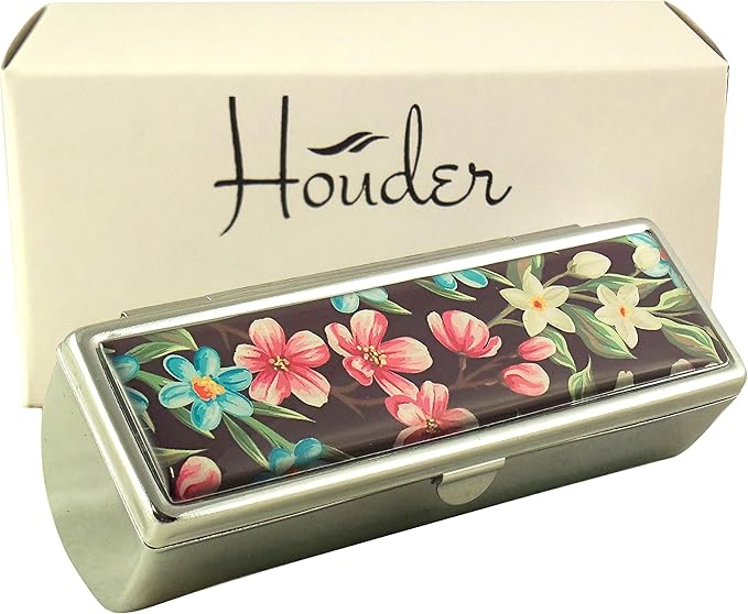 Houder Designer Lipstick Case with Mirror for Purse - Decorative Lipstick Holder with Gift Box - Velvet Lined - Protect Your Lipsticks in Style (Tropical Flowers)