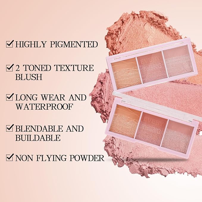 3 Colors Blush Palette，Blush Powder for Cheeks Makeup，Glitter